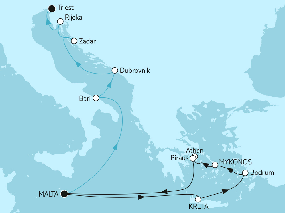 Mein Schiff 5  Griechenland ab Malta & Adria mit Dubrovnik - Routenbild